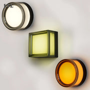 LVL modern LED wall lamp set of 3: smokey grey round fixture, yellow-green square sconce, orange round sconce