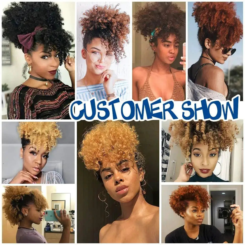 Afro Puff Kinky Curly Drawstring Ponytail Updo with Bangs, Black synthetic hair by Simples Market; collage of nine looks