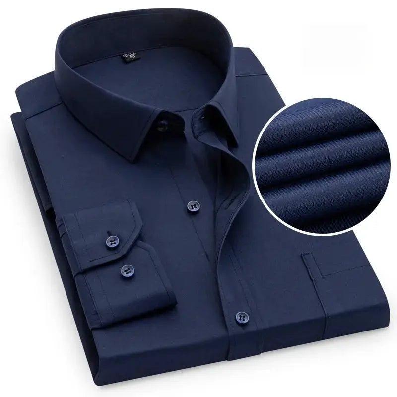 Men's navy blue long-sleeve formal shirt, solid color with pocket, folded with fabric texture close-up