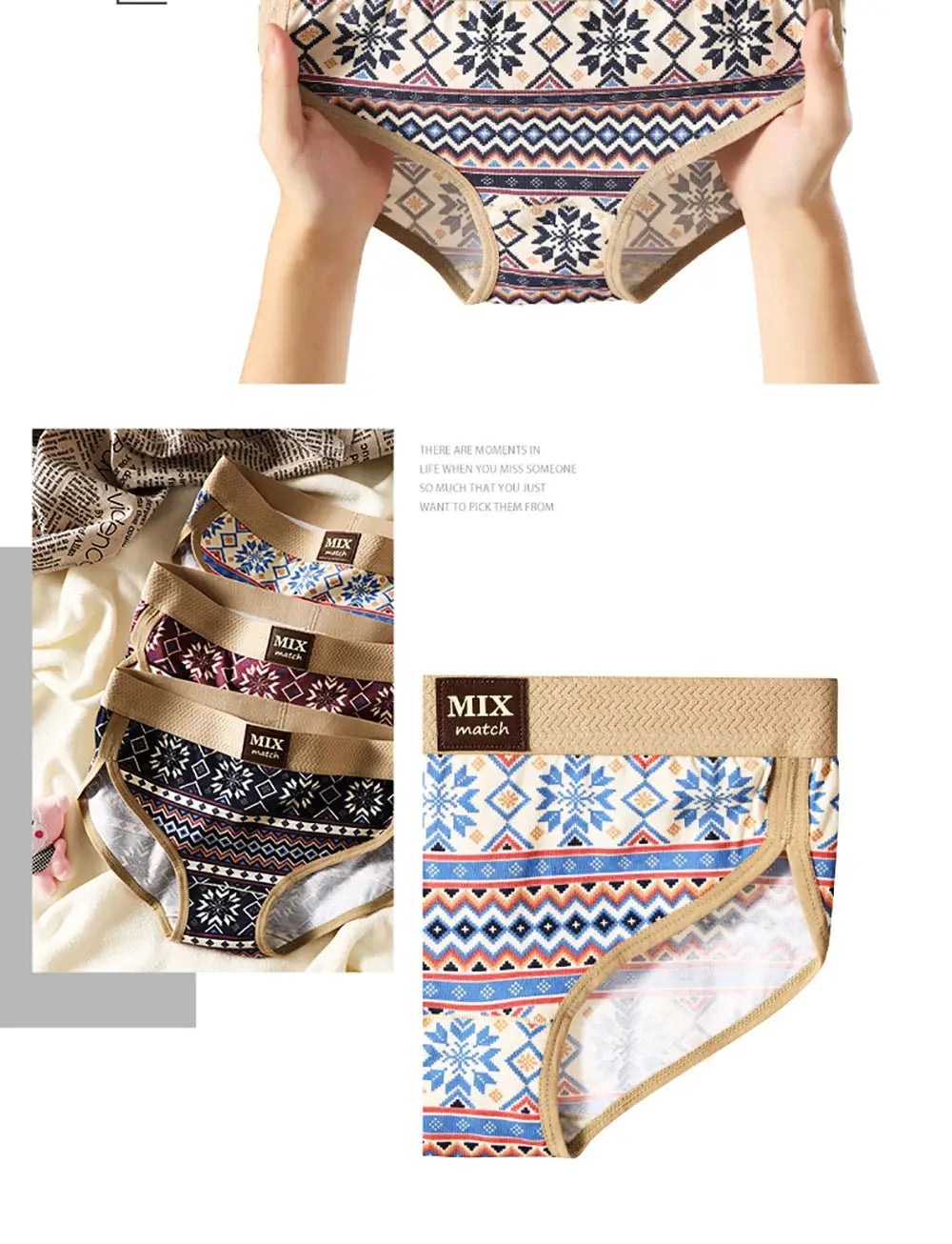 3-pack cotton vintage-print women's briefs by MIX match; breathable underwear with beige waistband and blue pattern