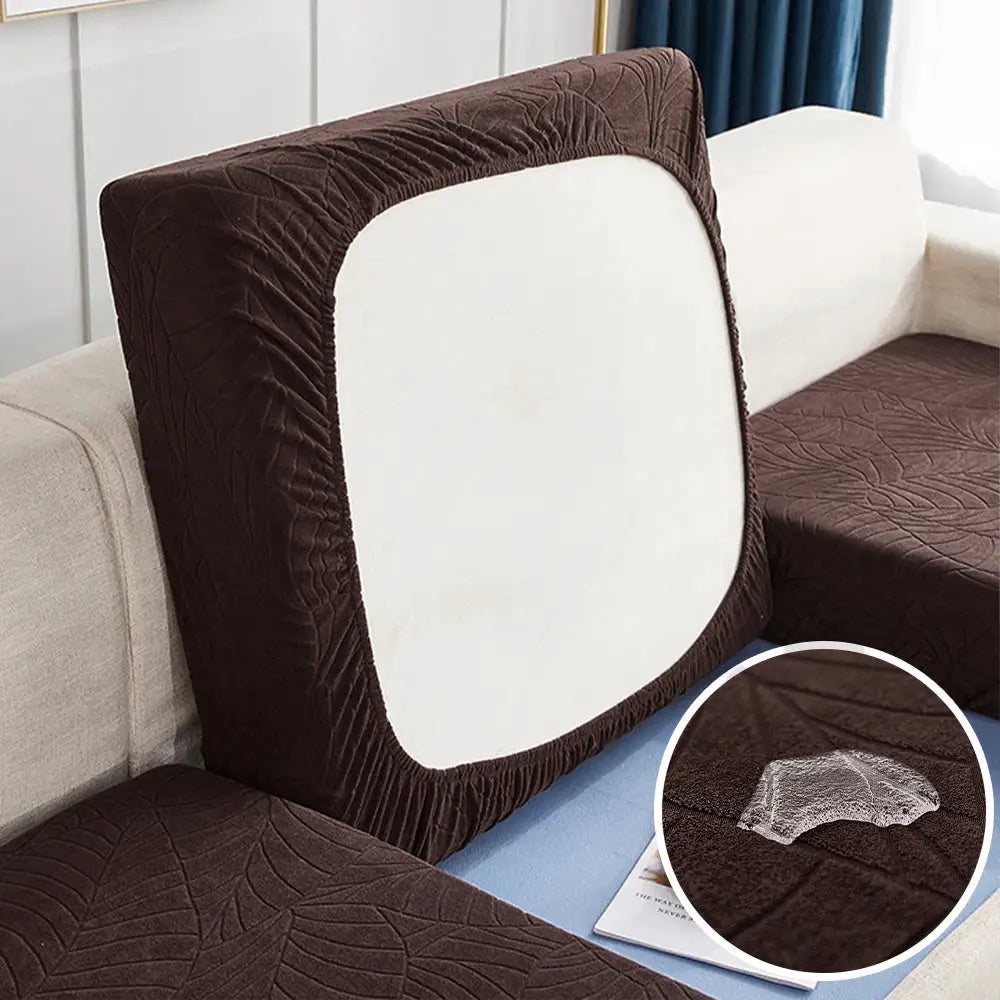 Waterproof stretch sofa cushion cover in brown jacquard fabric for chaise lounge, removable protector