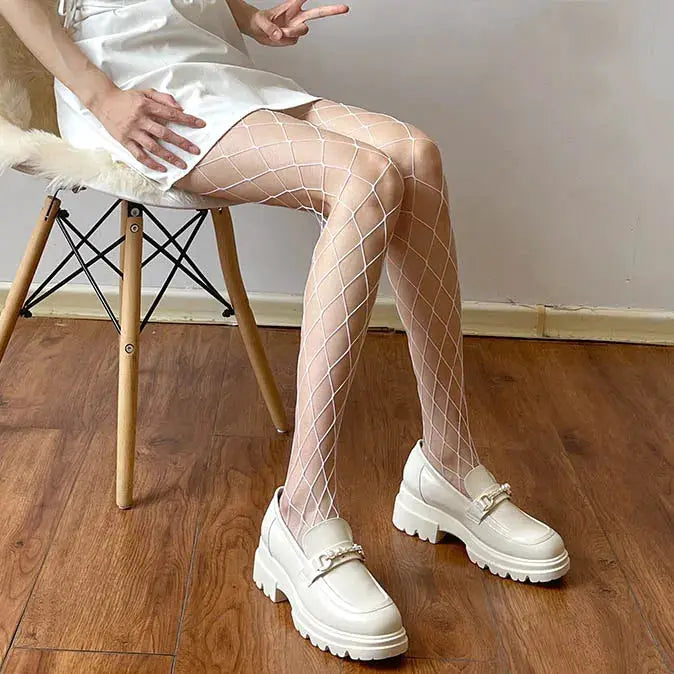 Aurora Couture White High Waist Fishnet Stockings With Breathable Nylon Mesh For Cosplay And Everyday Wear