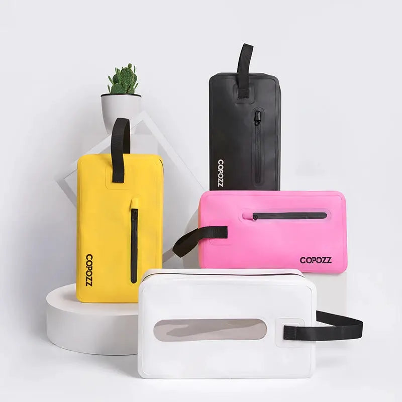 Men gym bags set of four by COPOZZ in yellow, black, pink and white with front zip pockets for fitness and travel