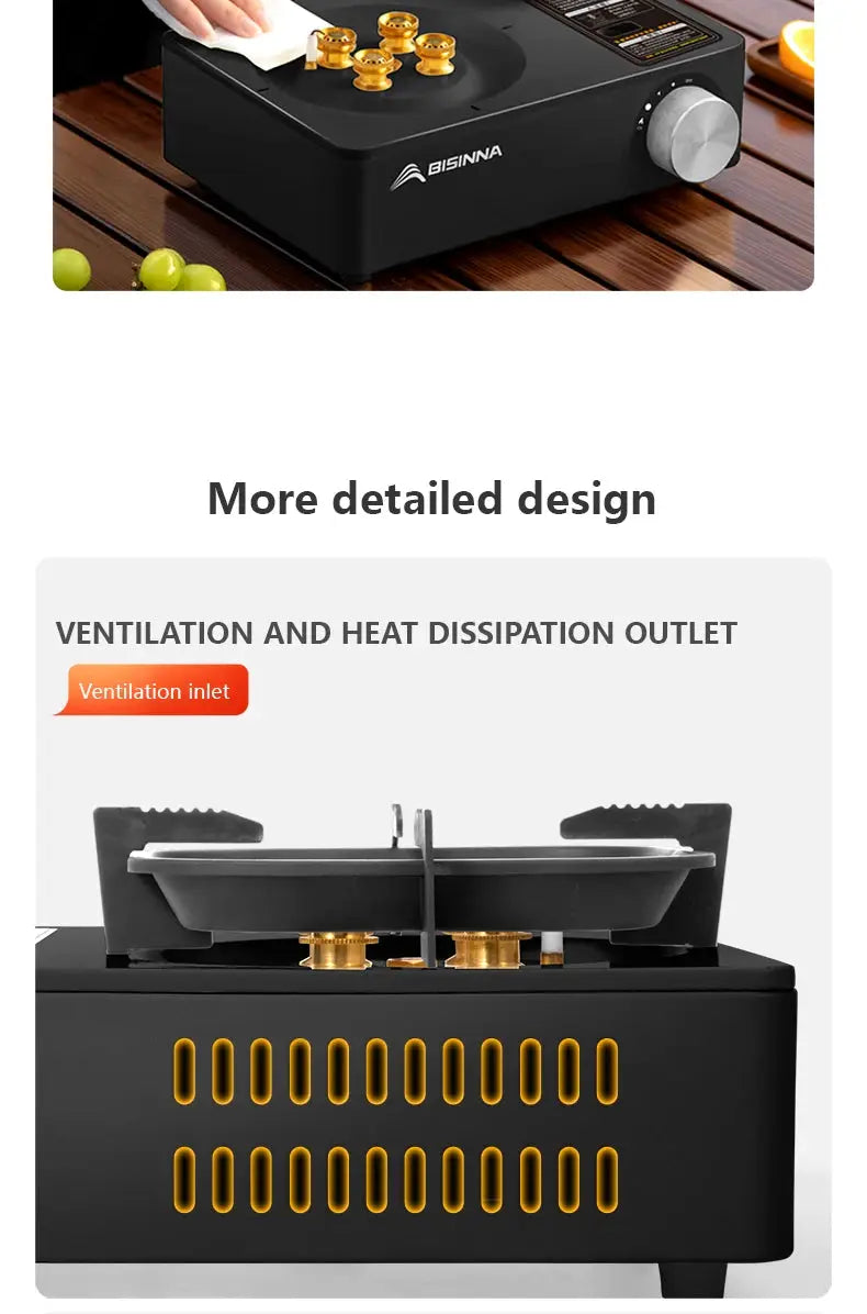 BISINNA camping gas stove, 5800W portable cassette burner, black with gold burner caps on a wooden picnic table.