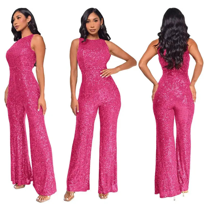Simples Market pink sequin jumpsuit for women, sleeveless, high-waist, wide-leg (front/side/back views)