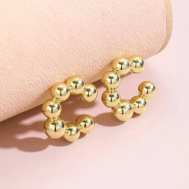 Gold-tone beaded C-shaped ear clips, 2-piece set for non-pierced ears