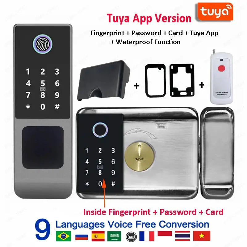 Tuya WiFi double-side fingerprint door lock kit by Simples Market with keypad, card reader and app control for outdoor gates