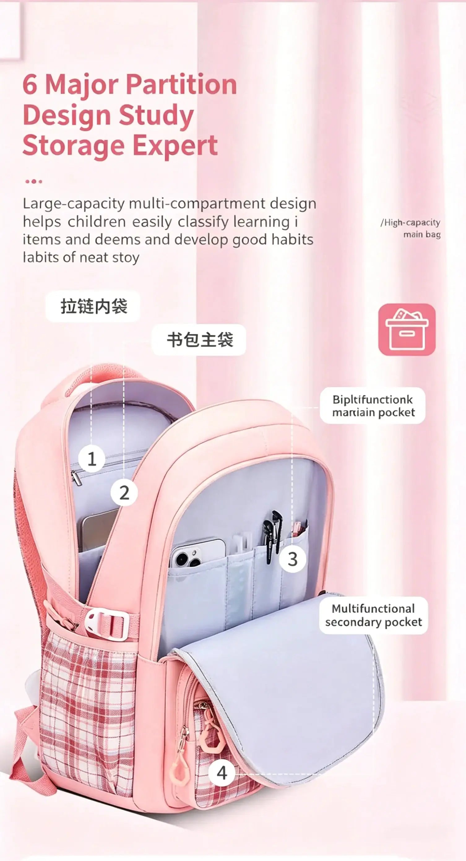 Backpack by Simples Market, pink girls' elementary school checkered design, large capacity, waterproof