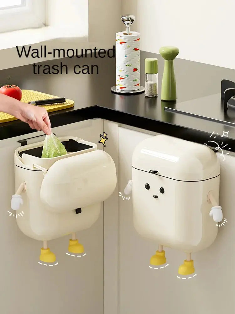Cream wall-mounted kitchen trash can set with lids, two units, one open showing a bag, in a modern kitchen