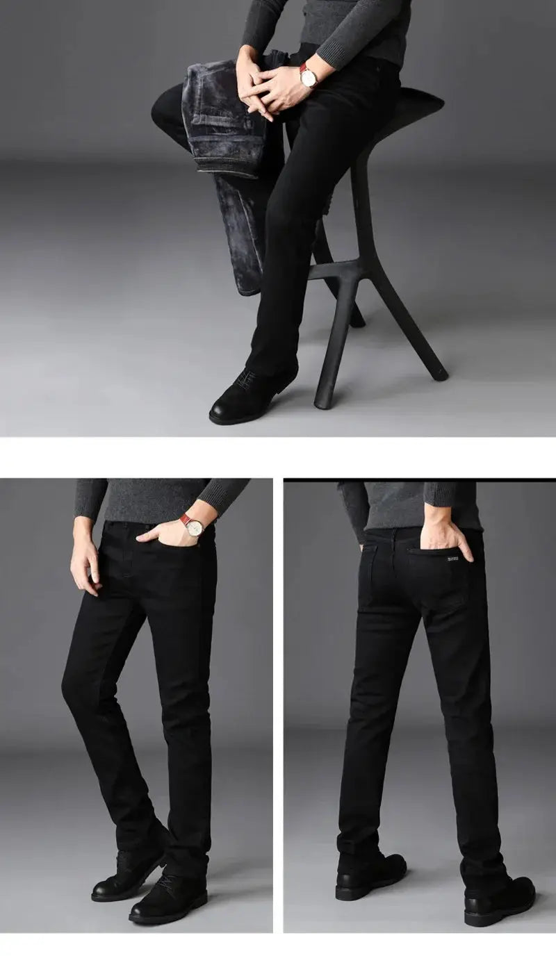 Men's black casual trousers shown in front and back views