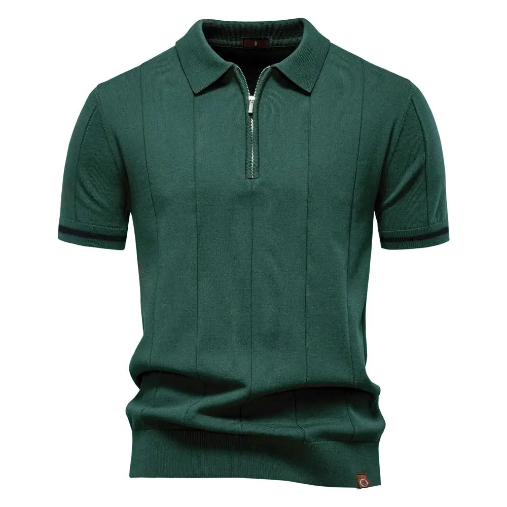 AIOPESON men's solid-color sport zipper polo shirt forest green, short sleeves, slim fit