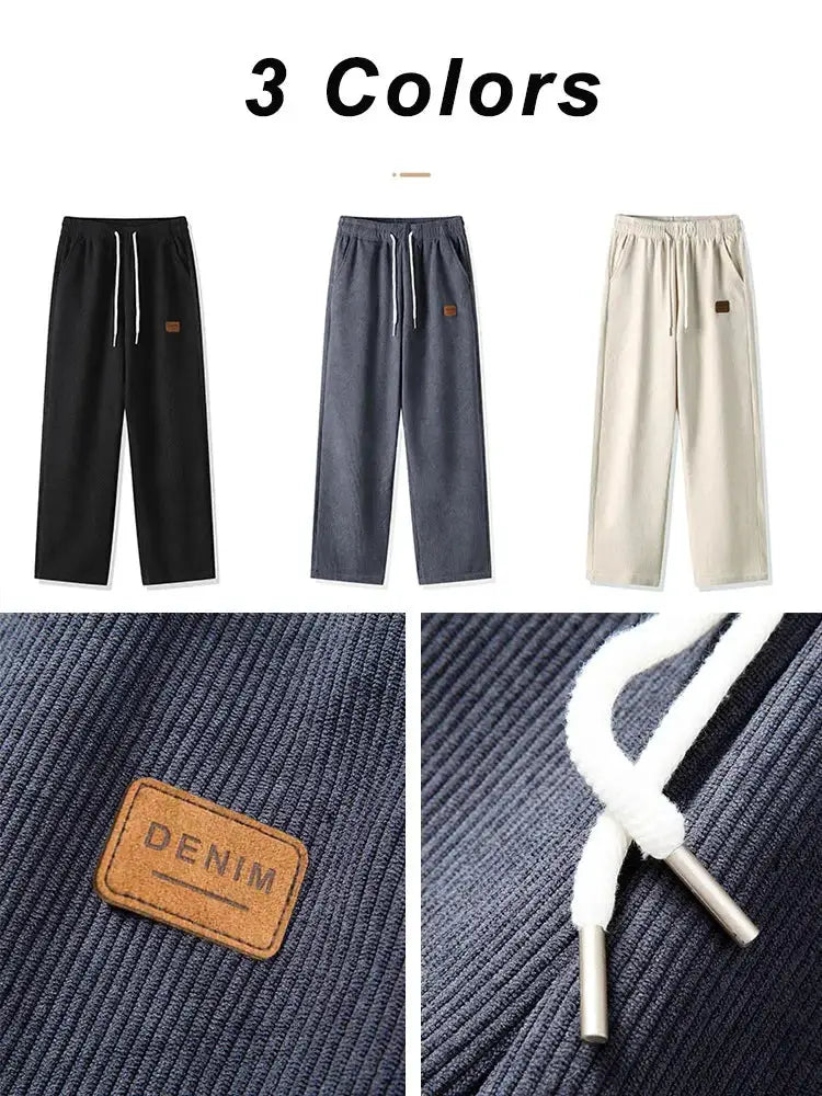 Simples Market men's fleece-lined corduroy sweatpants, 3 colors (black/blue/beige) with drawstring and denim patch