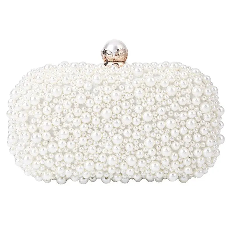 Pearl-beaded evening clutch bag, white, hand-held accessory for weddings and formalwear
