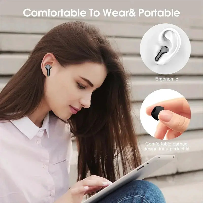Simples Market wireless earbuds; black in-ear BT5.3 earphones with ergonomic design worn by a woman using a tablet