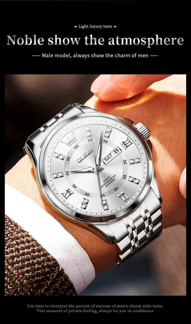 OLEVS 3620 men's quartz stainless steel watch with silver dial and crystal markers