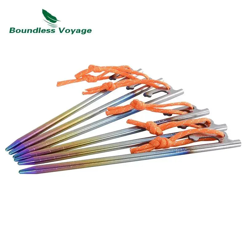 6-pack titanium camping tent stakes from Boundless Voyage with orange paracord lanyards