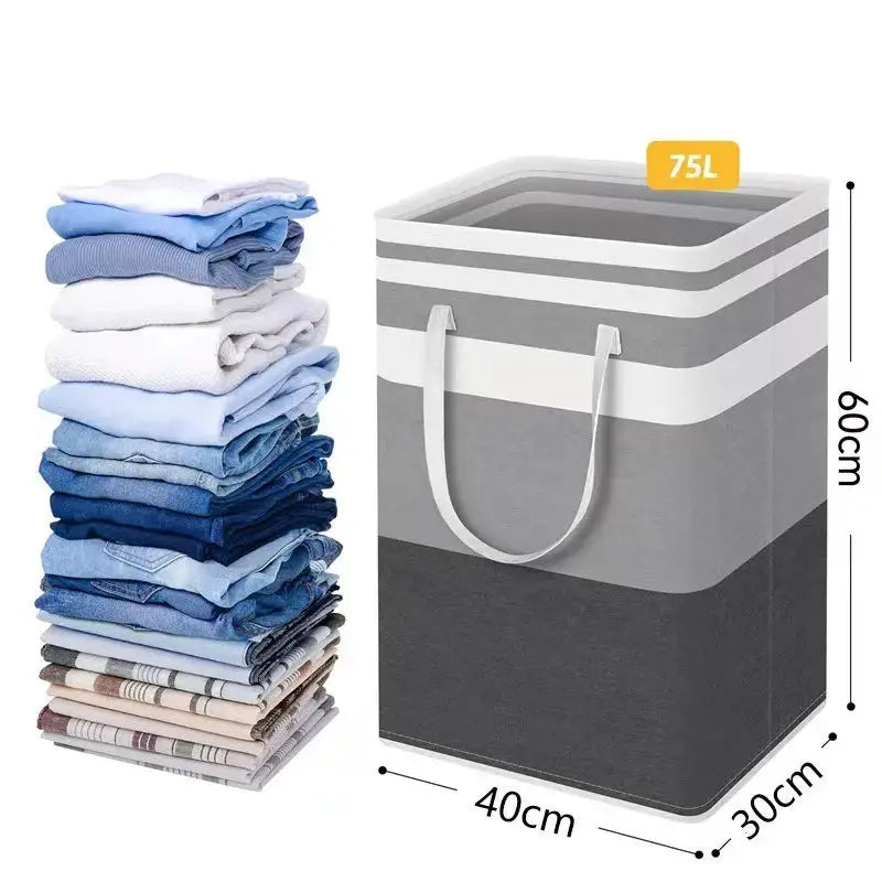Laundry basket with waterproof gray striped fabric, foldable with handles, 75L capacity