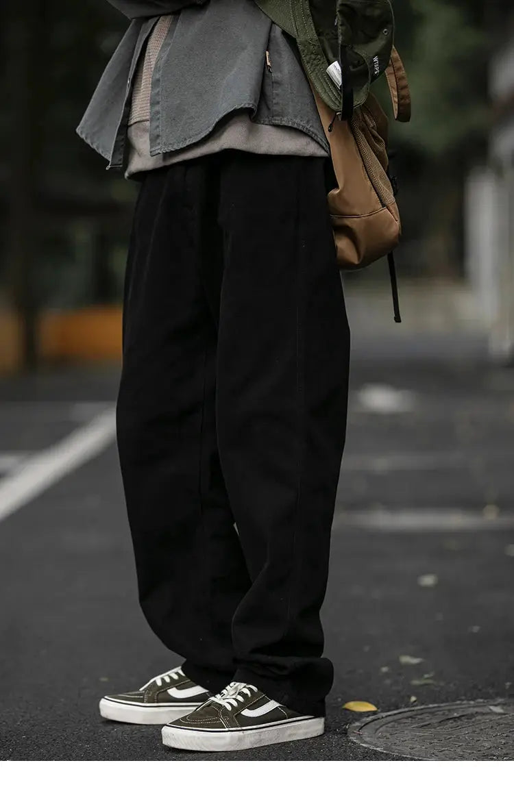 Simples Market men's cargo pants, Japanese streetwear, black baggy straight-leg trousers
