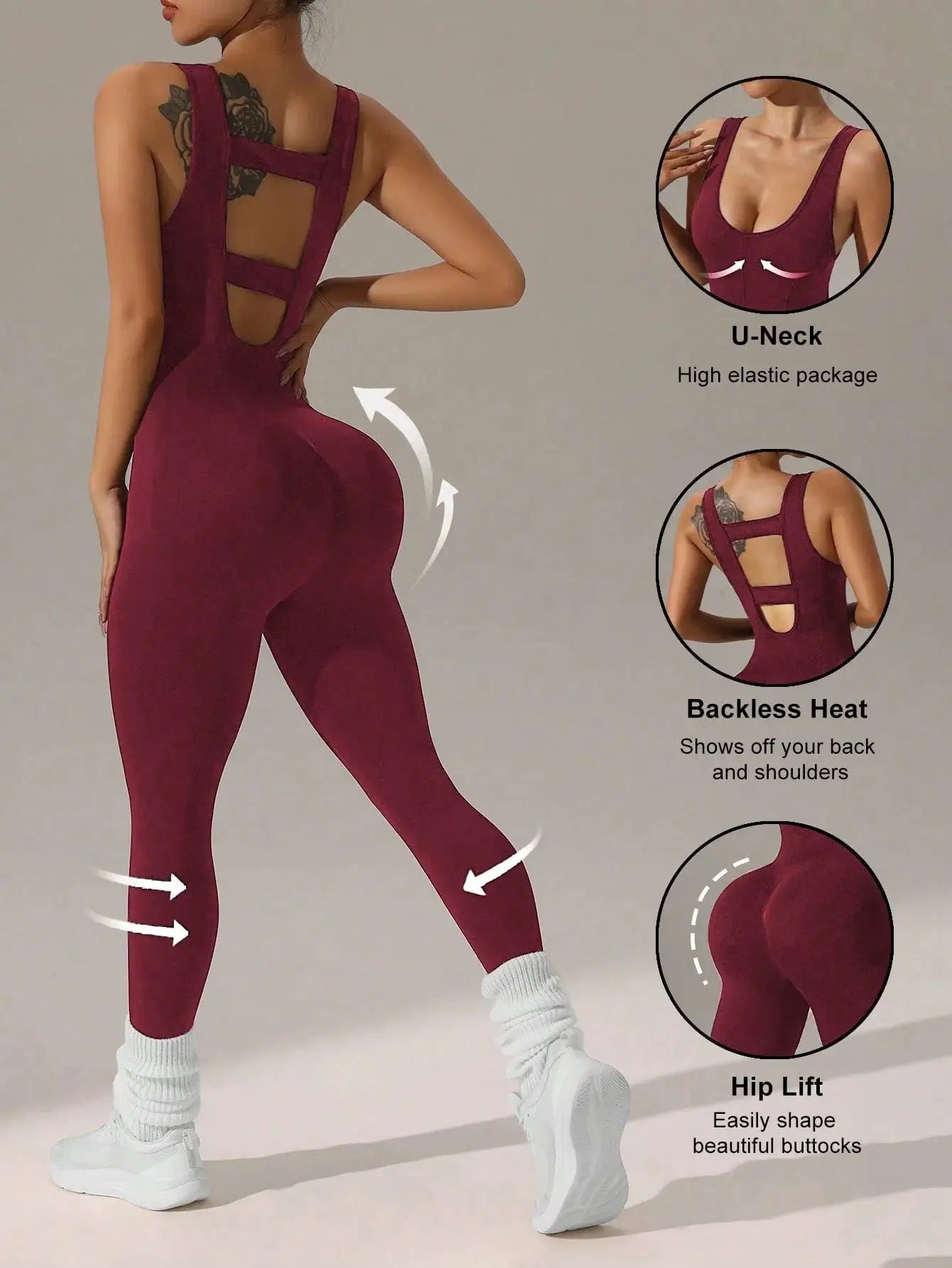 Simples Market women's burgundy vest jumpsuit with backless cutouts and U-neck, elastic soft yoga fitness suit