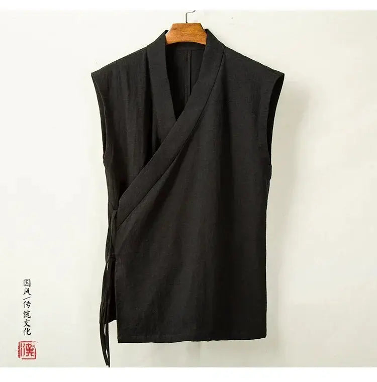 Hanfu vest for men, black linen-cotton sleeveless wrap-front top with side ties.