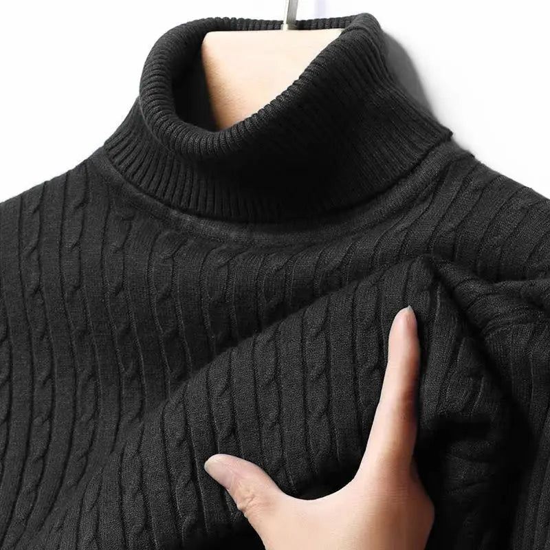 Men's black ribbed turtleneck sweater with a knitted texture and long sleeves