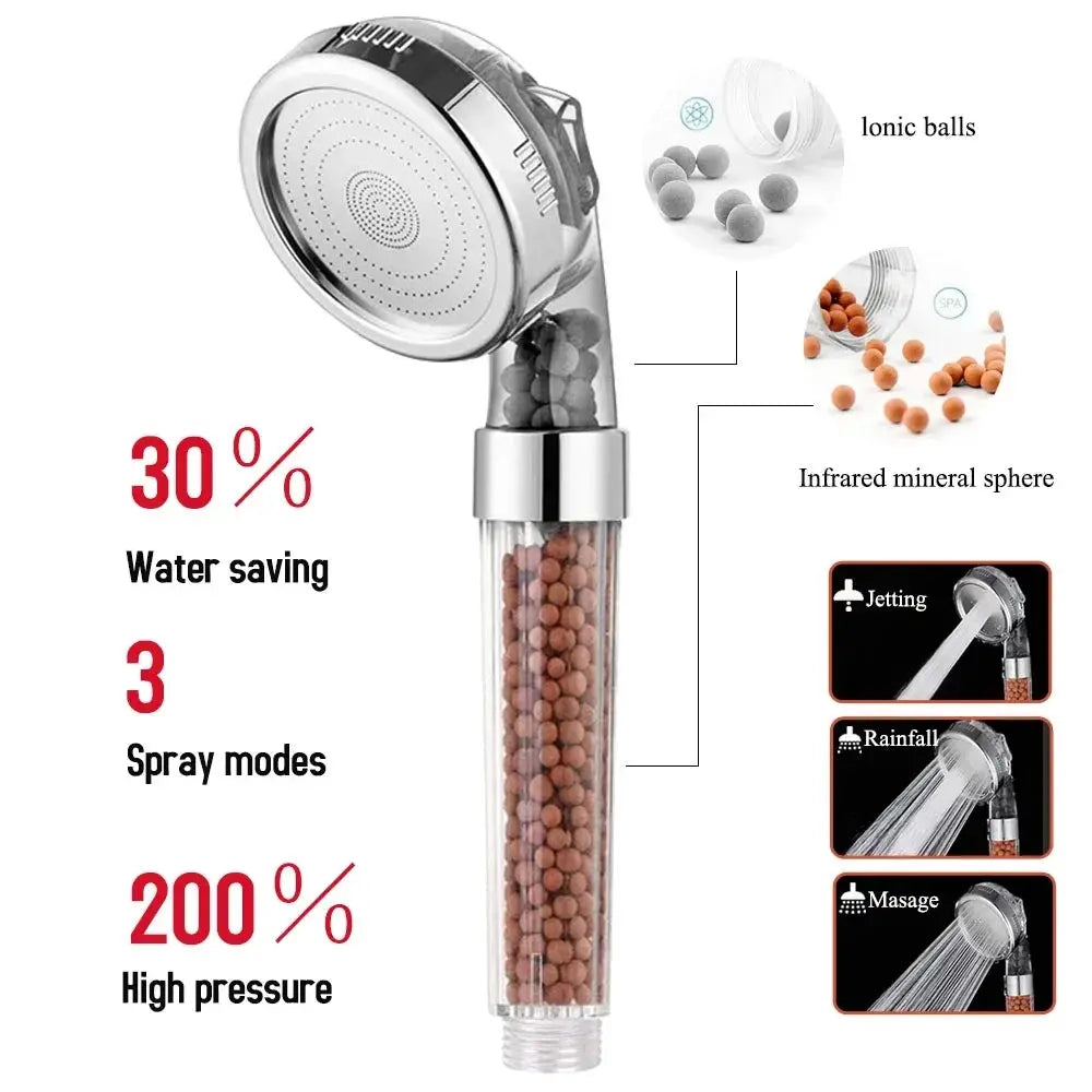 Simples Market chrome handheld shower head with 3 spray modes (jetting, rainfall, massage) and anion filter beads