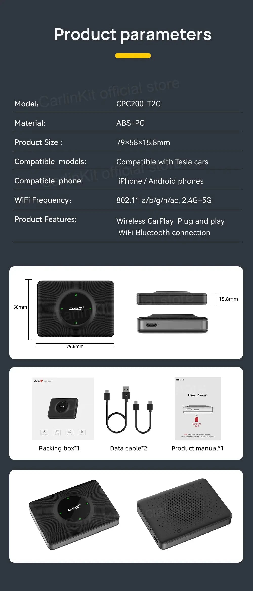 CarlinKit wireless CarPlay/Android Auto adapter for Tesla Model 3/Y, black compact box by Simples Market