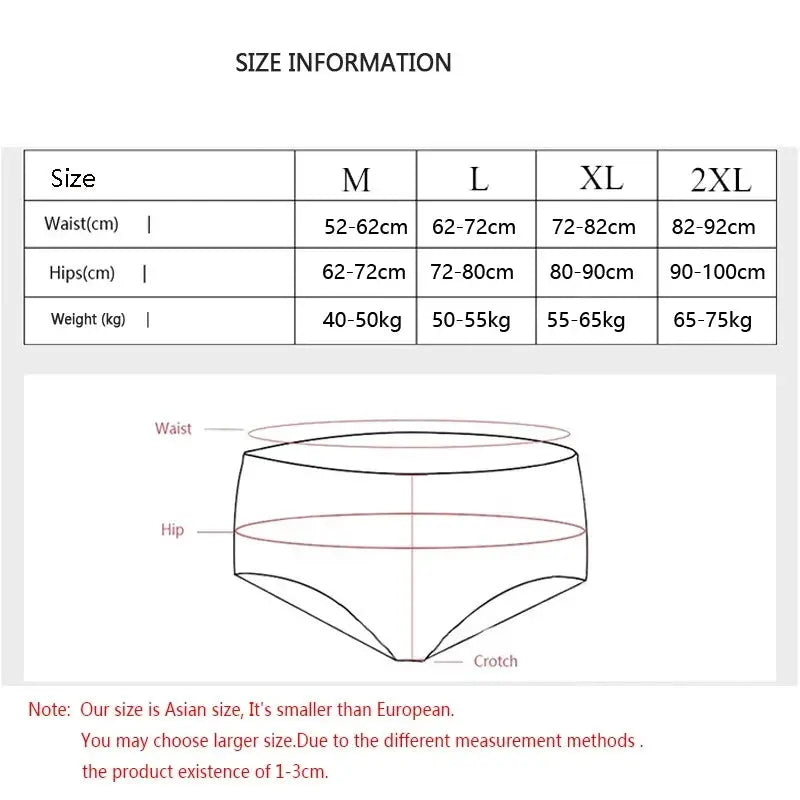 Panties size chart for women's cotton low-rise briefs with bow, showing waist, hip and crotch measurements