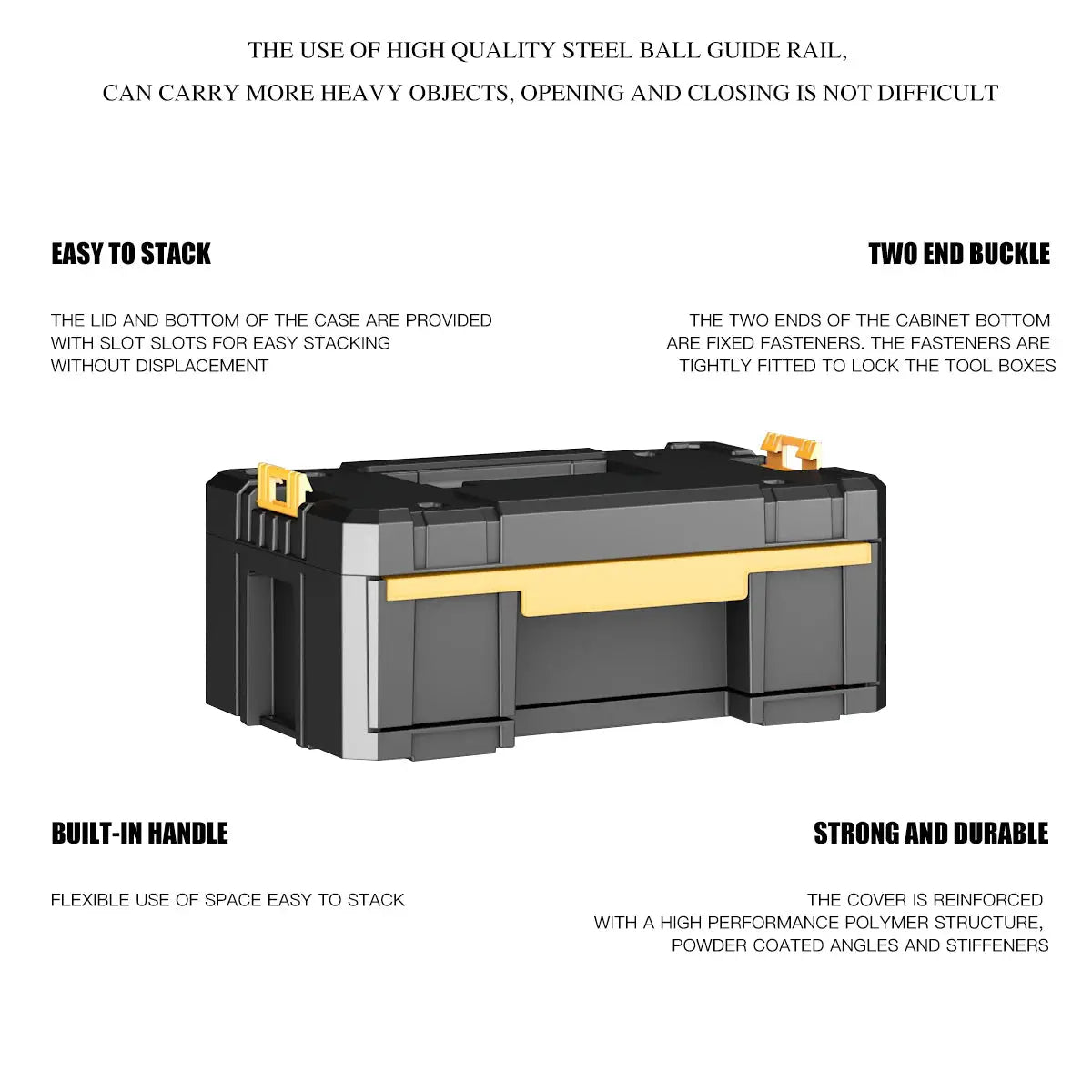 AIRAJ stackable modular toolbox set with wheels; dark gray case with a yellow handle for portable storage