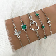 5Pcs Green Crystal Bracelet Set for Women Butterfly Heart Charm Gold Silver Color Chain Bangle Jewelry Trendy - Simples Market