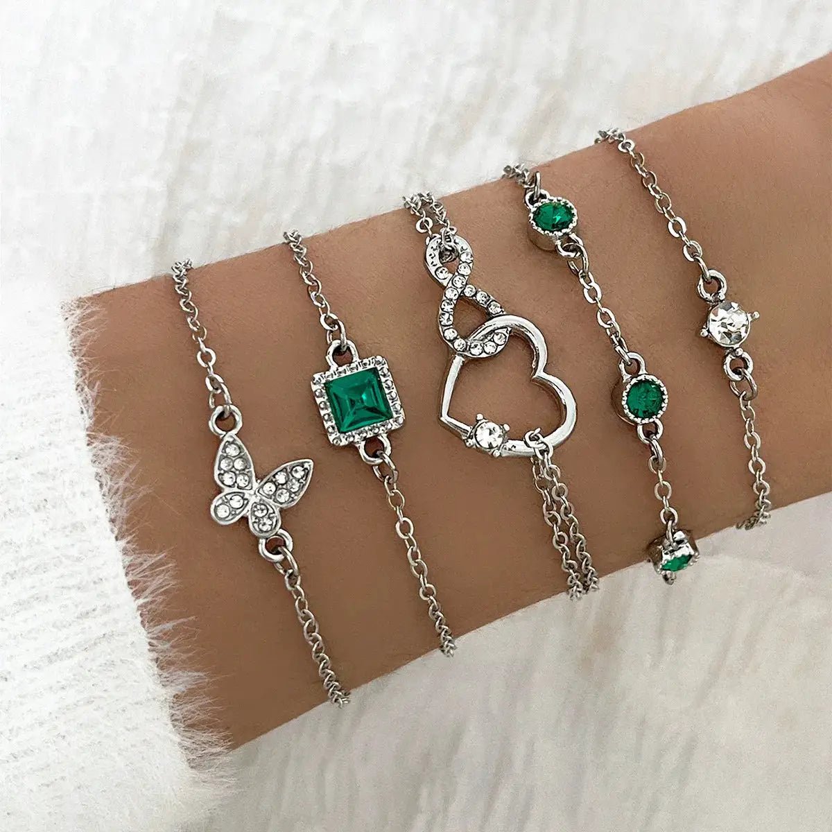 5Pcs Green Crystal Bracelet Set for Women Butterfly Heart Charm Gold Silver Color Chain Bangle Jewelry Trendy - Simples Market