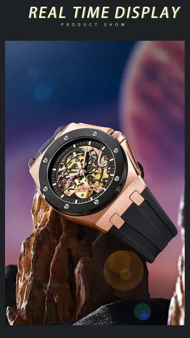ONOLA men's skeleton luxury sports watch, rose gold case, black strap