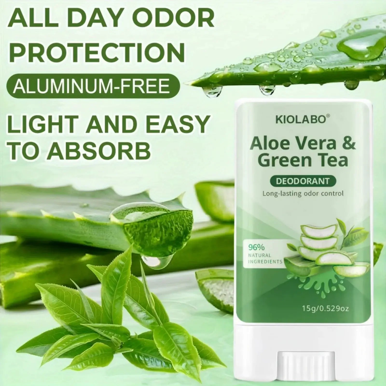 KIOLABO Aloe Vera & Green Tea deodorant, aluminum-free, all-day odor protection