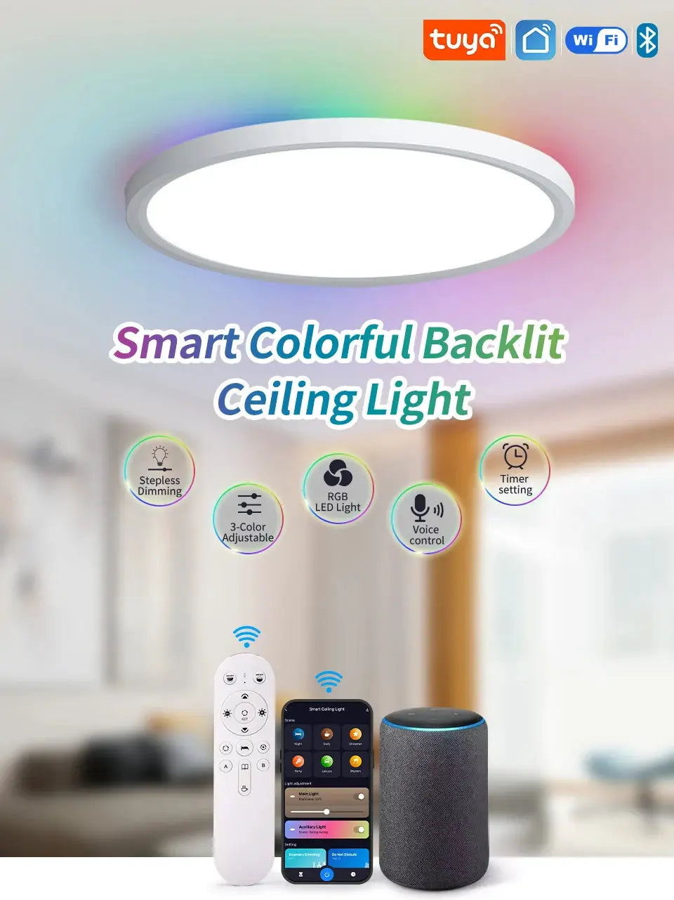 TUYA Simples Market smart ceiling light, ultra-thin round RGB backlit LED with app and voice control