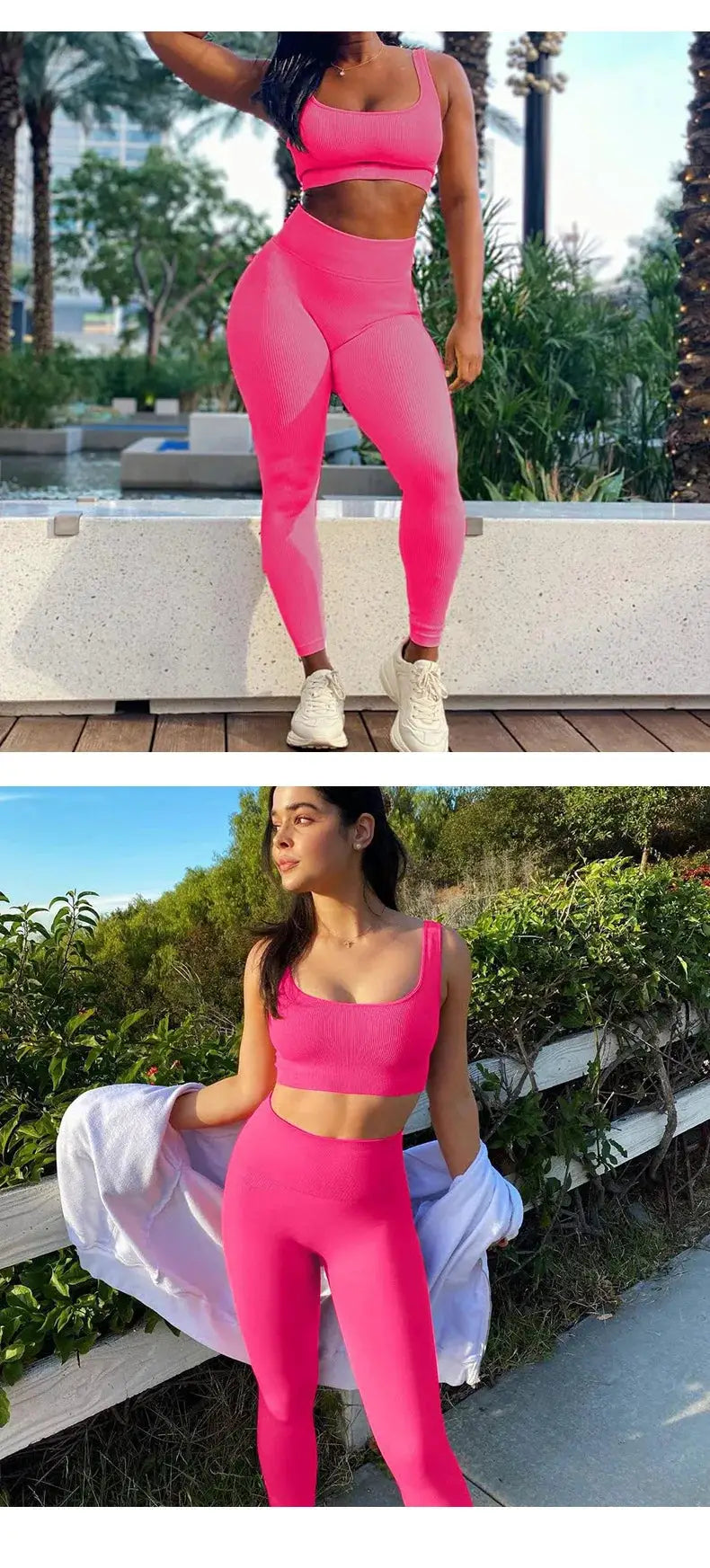 Pink seamless leggings set with high-waist yoga pants and matching sports bra for workouts