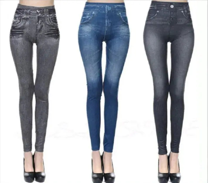 Leggings set: three high-waist denim-print leggings in gray, blue, and charcoal by Simples Market