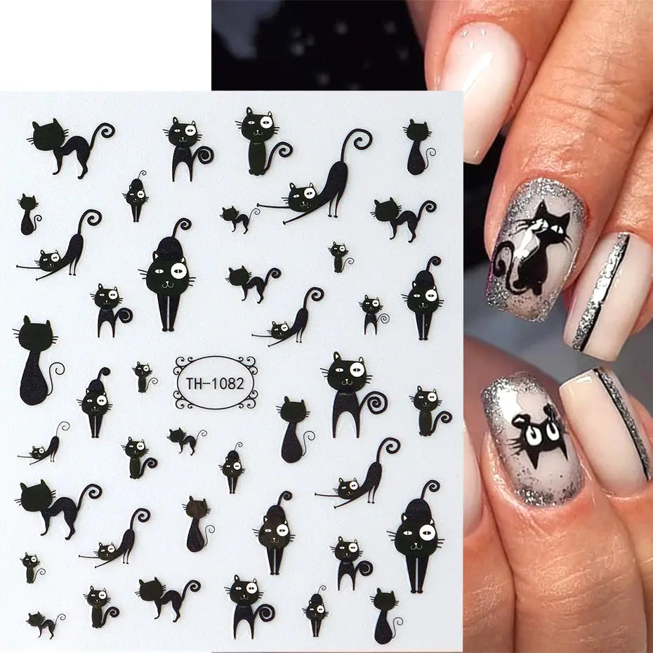 2pcs black cat nail stickers by Simples Market; 3D cartoon cat decals for self-adhesive manicure