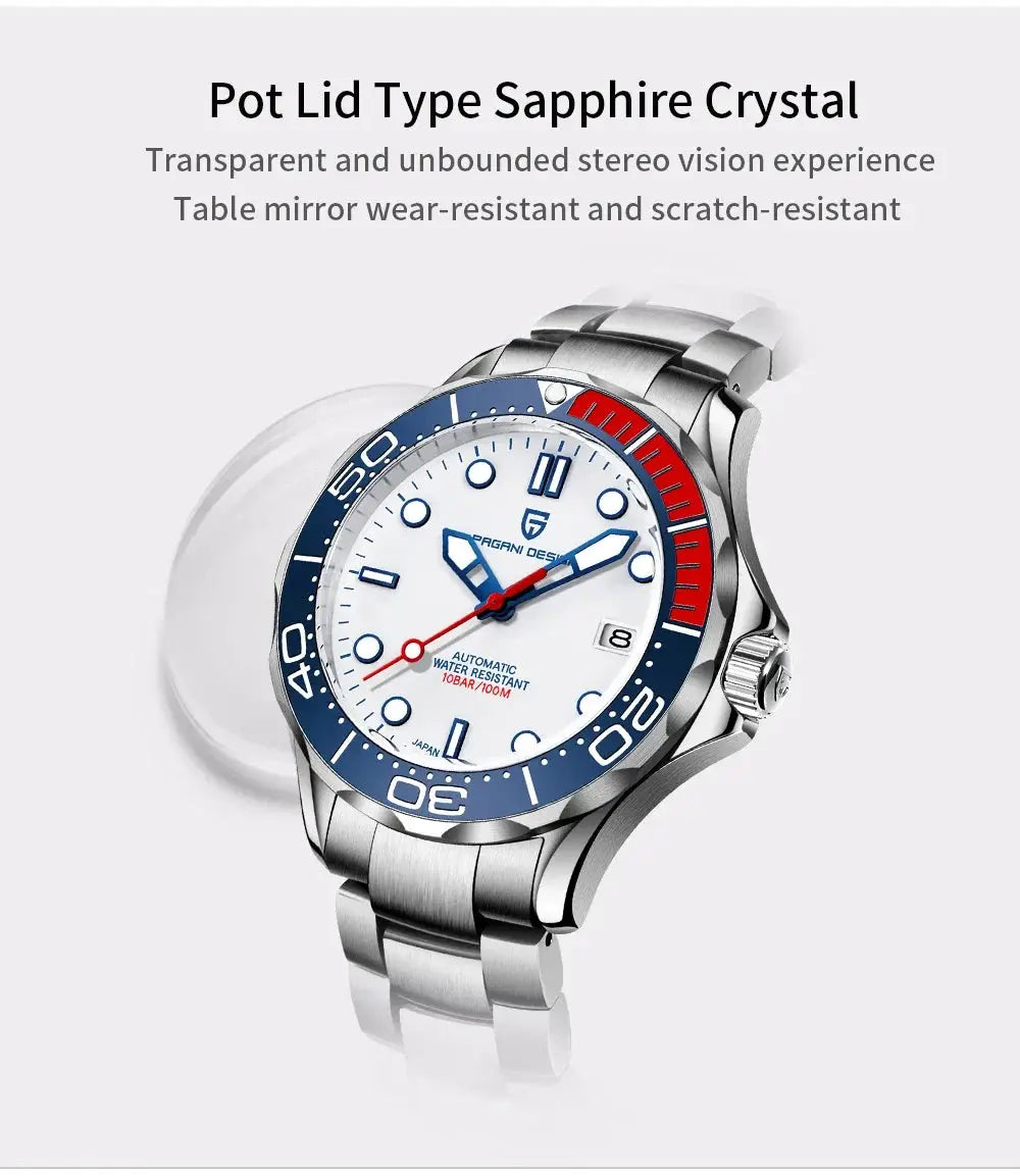 Pagani Design 007 men's watch; stainless steel bracelet, white dial with blue/red bezel, automatic movement