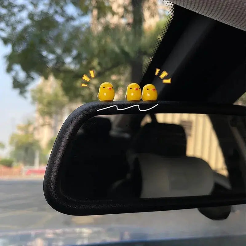 Car rearview mirror ornaments, three yellow chick figurines perched on the top edge