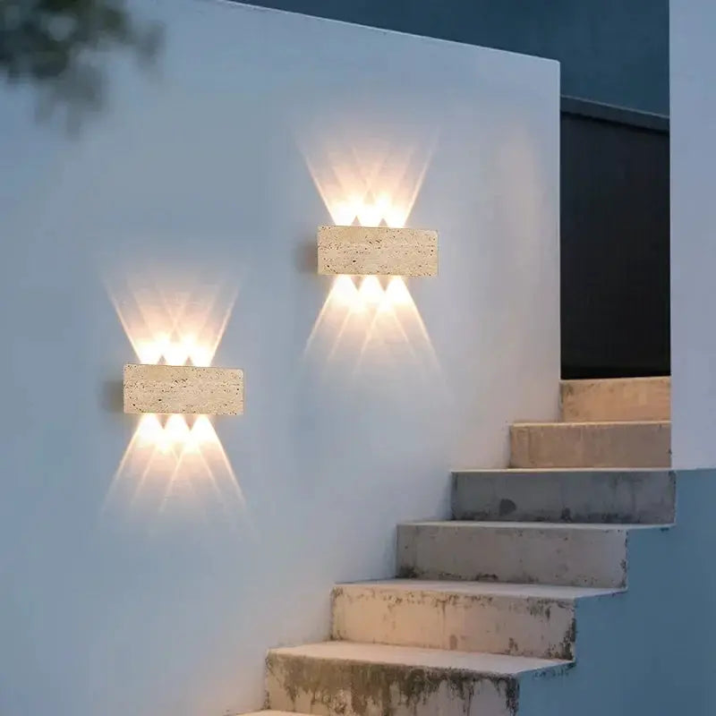 Wabi-sabi outdoor stone wall lamp set, 2 beige natural stone LED wall lights, waterproof 12W.