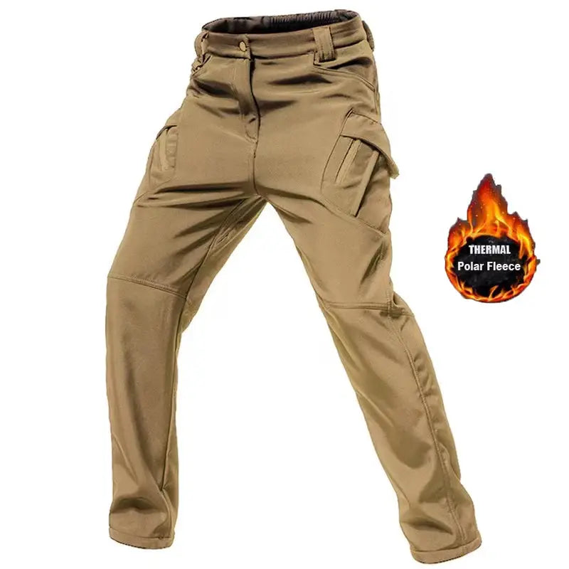 Men's City Cargo fleece-softshell hiking pants in tan with thermal fleece lining and cargo pockets