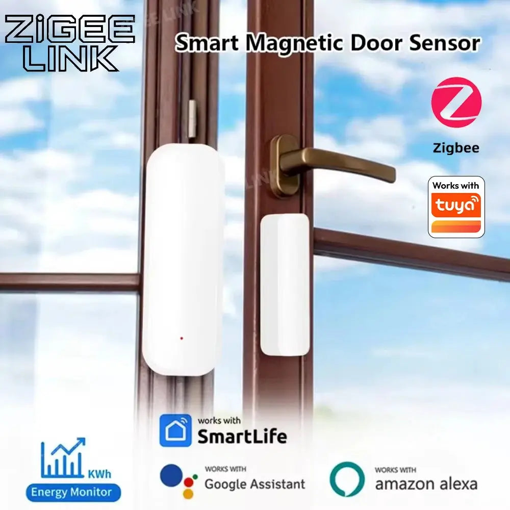 Zigbee door sensor set with two white magnetic components for door/window contact; works with Tuya Smart Life