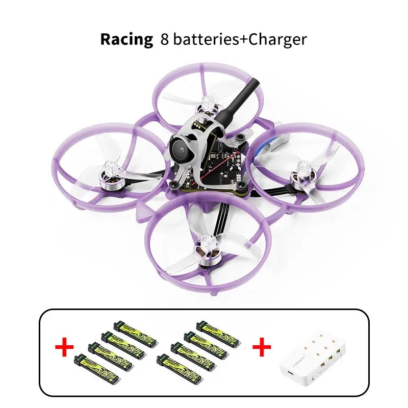 Betafpv Air75 II ultralight racing FPV quadcopter with purple frame, includes 8 batteries and charger