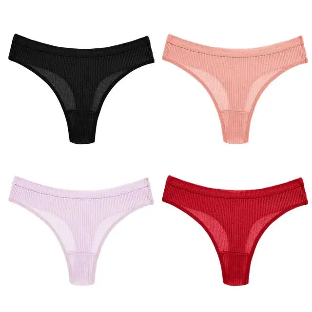 4-pack women's striped cotton G-strings; black, peach, lavender, red, soft breathable underwear