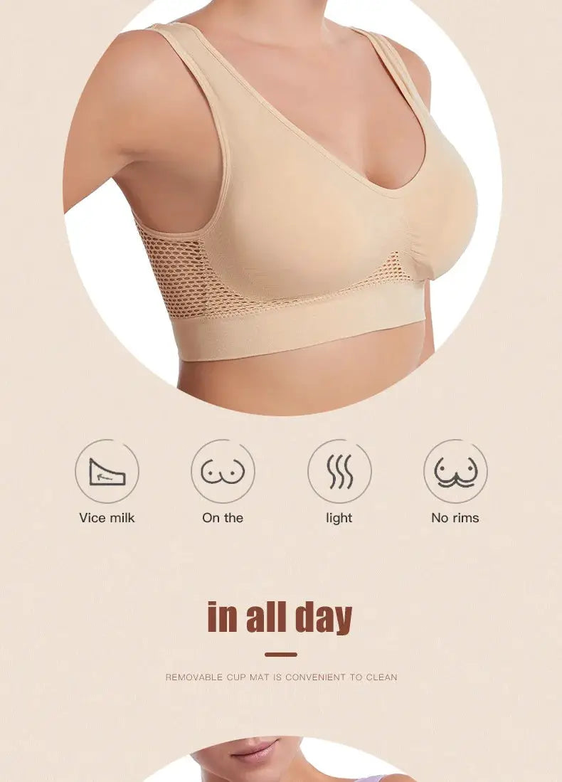 Simples Market S-7XL plus-size grid air-holes wireless sports bra, beige with mesh side panels