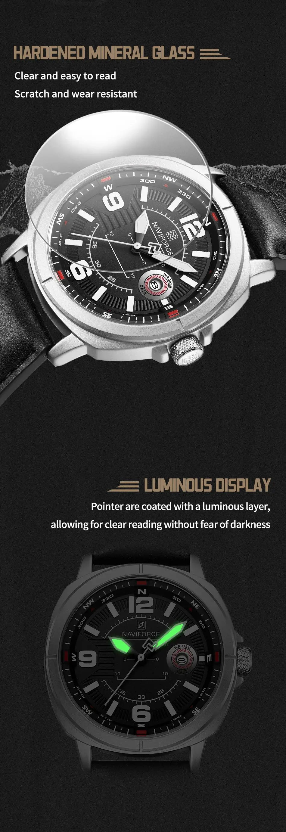 Two NAVIFORCE men's quartz watches with black PU bands, silver and black cases, calendar date display.