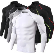 Men's quick-dry long-sleeve compression T-shirts set in white, gray, black with neon and red seam accents