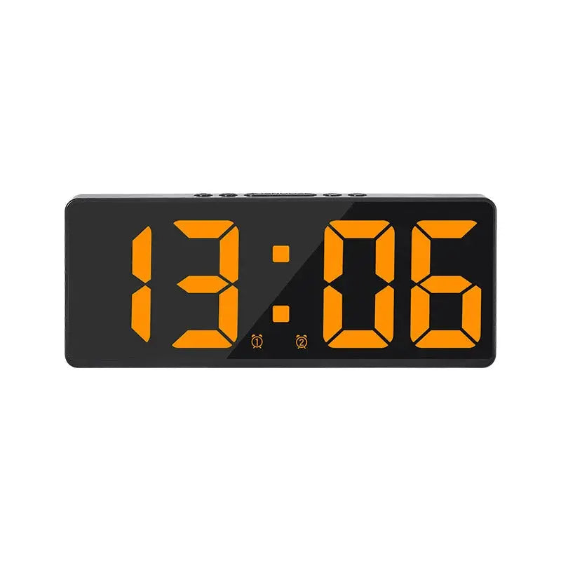 Digital LED alarm clock, black acrylic/mirror finish with orange 12/24h LED digits.