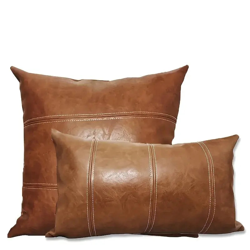 Simples Market 2 faux leather pillow covers in brown, large square and rectangular decorative cushions for couch or bed