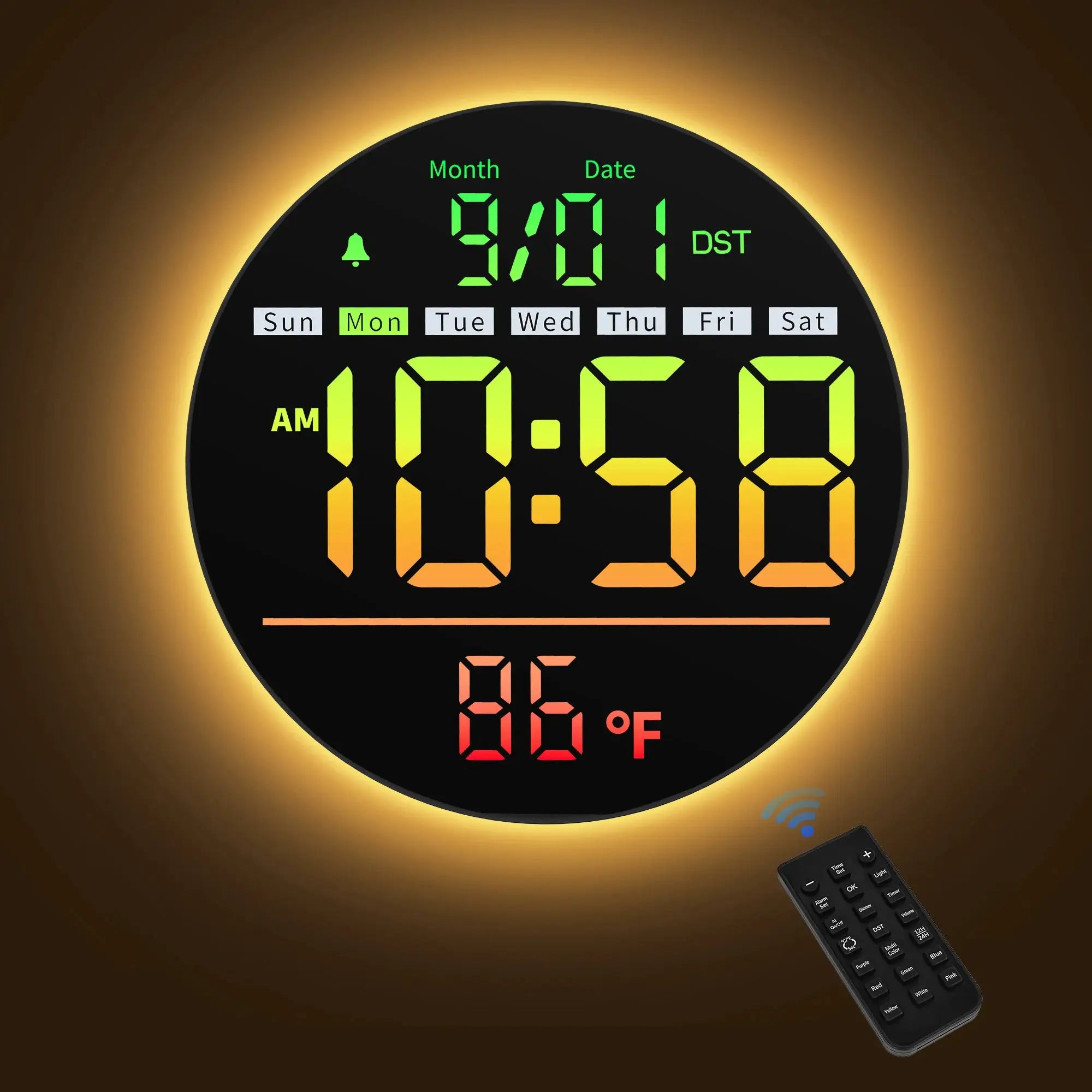 8-inch LED wall clock with timer, date, temperature and night light; RGB color display with remote, Simples Market